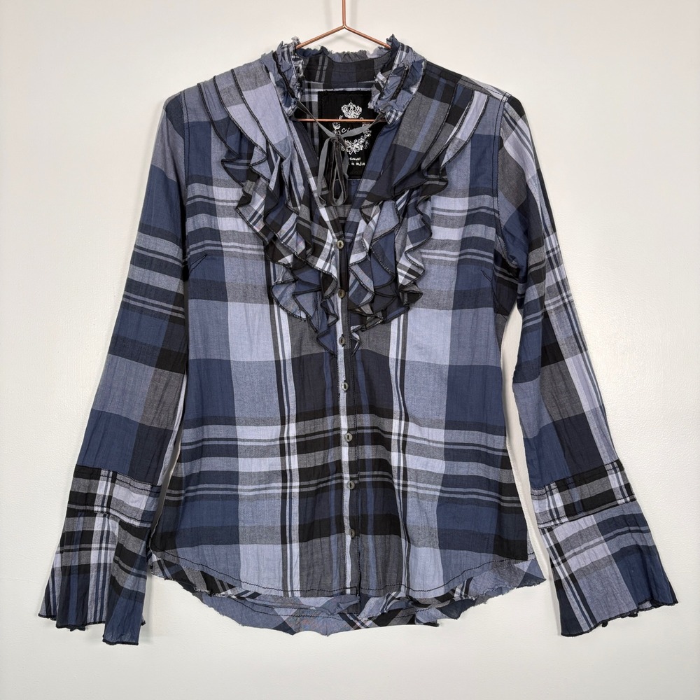Cino Womens Button Down Shirt XS Blue Plaid Ruffle Neck Bell Slve Crinkle Cotton